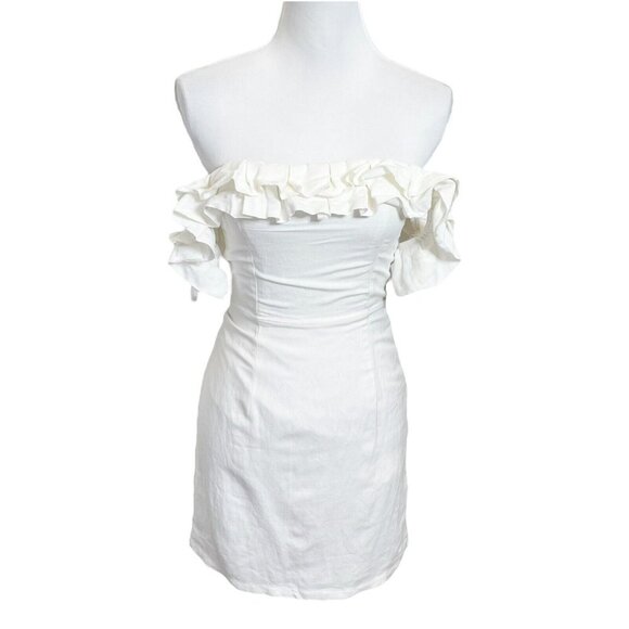By The Way. New  Off Shoulder Linen Mini Dress Women’s XS Neutral Ruffle - Picture 2 of 10